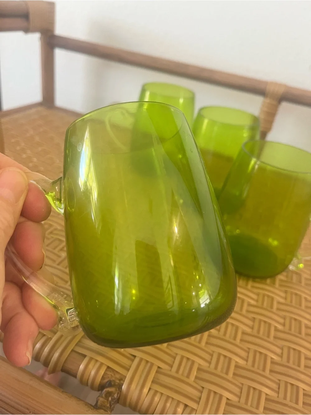 Vintage Mid-Century Modern Hand Blown Glass Supplied Handle Mugs Set Of Six